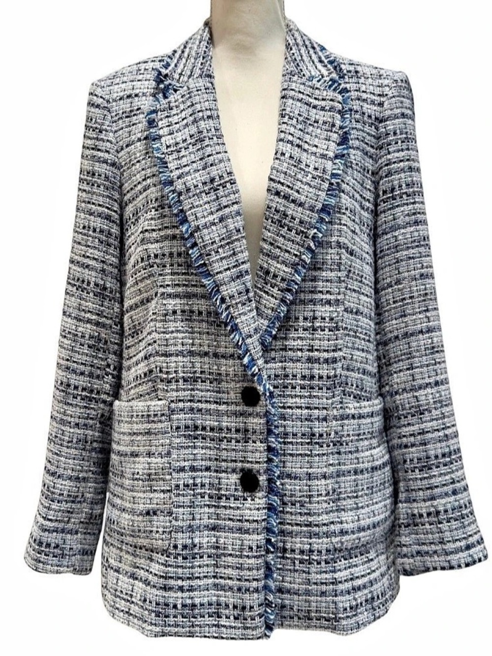 Karl Lagerfeld Tweed Fringe Trim Blazer in Black, Blue & White -Size 10 Like New